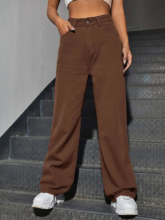 CM-BS617510 Women Preppy Seoul Style Slant Pocket High Waist Boyfriend Jeans - Brown