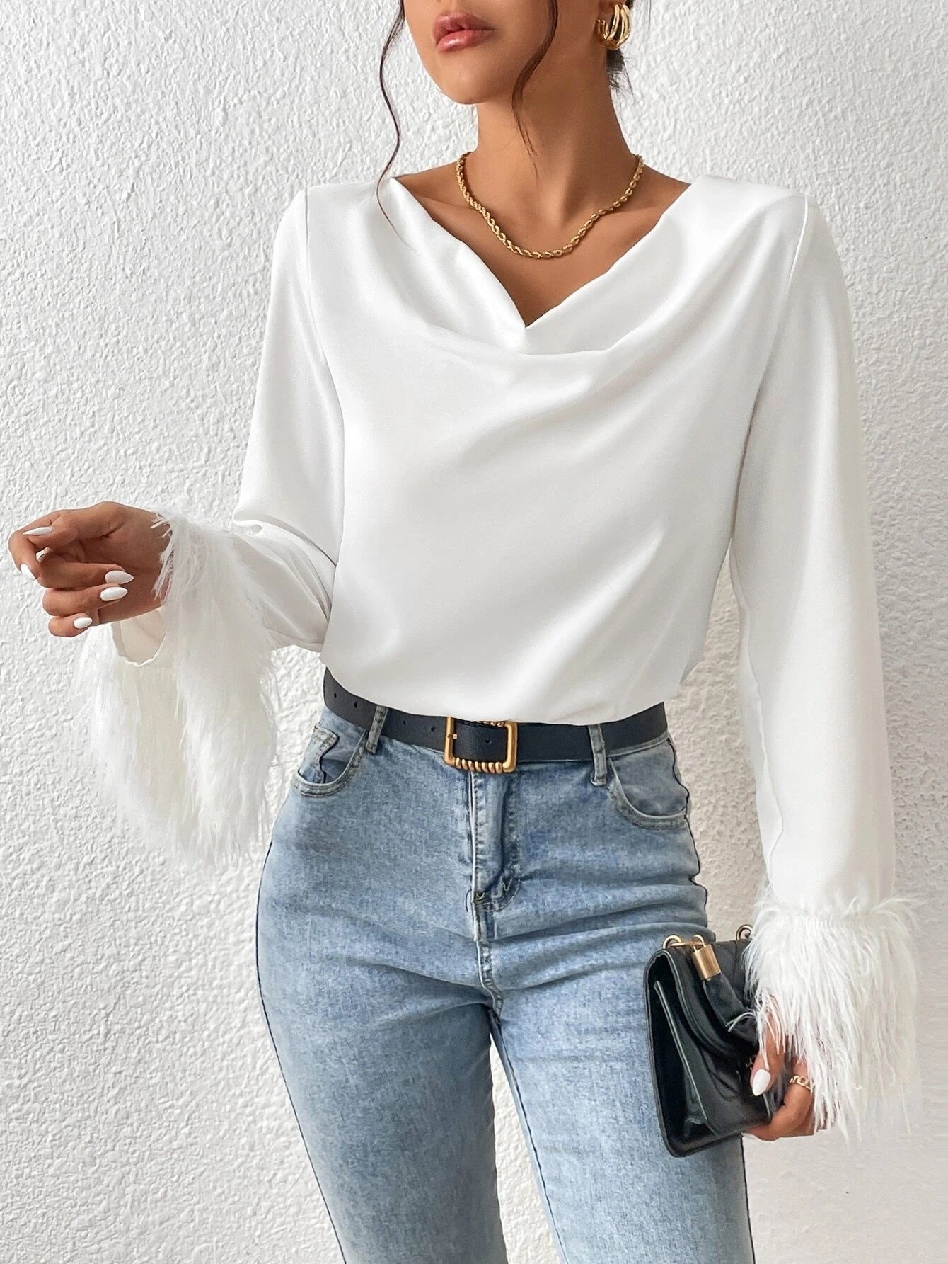 CM-TS577189 Women Elegant Seoul Style Draped Collar Fuzzy Cuff Blouse - White