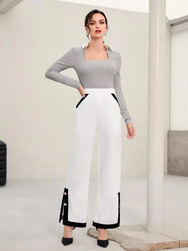 CM-BS043434 Women Elegant Seoul Style Contrast Panel Button Detail Wide Leg Pants