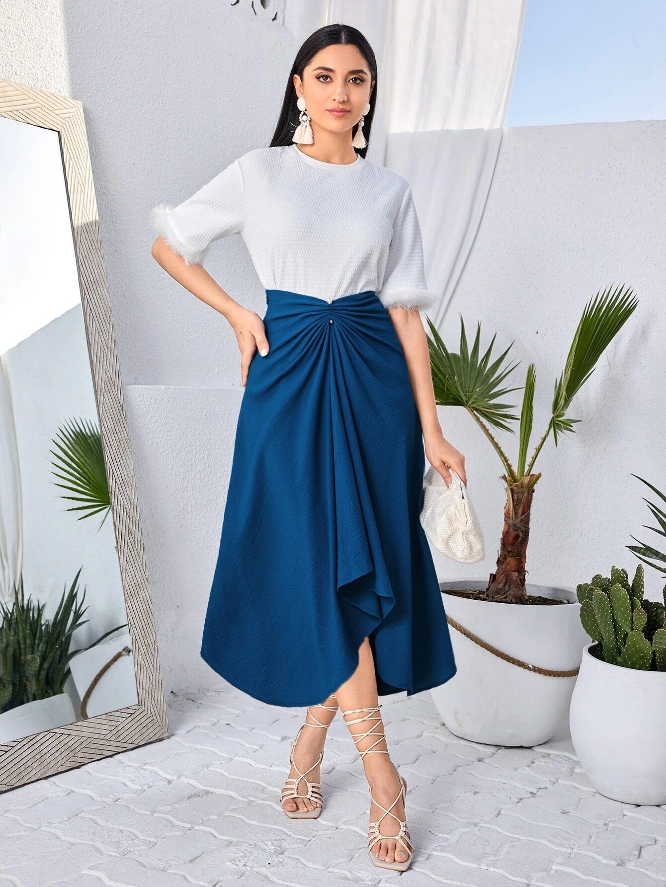 CM-BS248209 Women Elegant Seoul Style Twist Front Asymmetrical Hem Skirt - Navy Blue