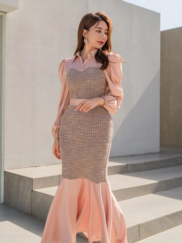 CM-DS990210 Women Elegant Seoul Style Plaid Puff Sleeve Mermaid Hem Dress - Baby Pink
