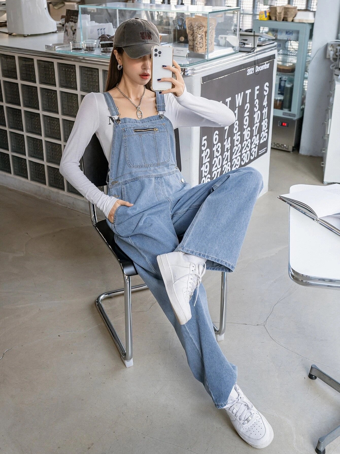 CM-JS359259 Women Preppy Seoul Style Light Wash Slant Pocket Denim Overalls