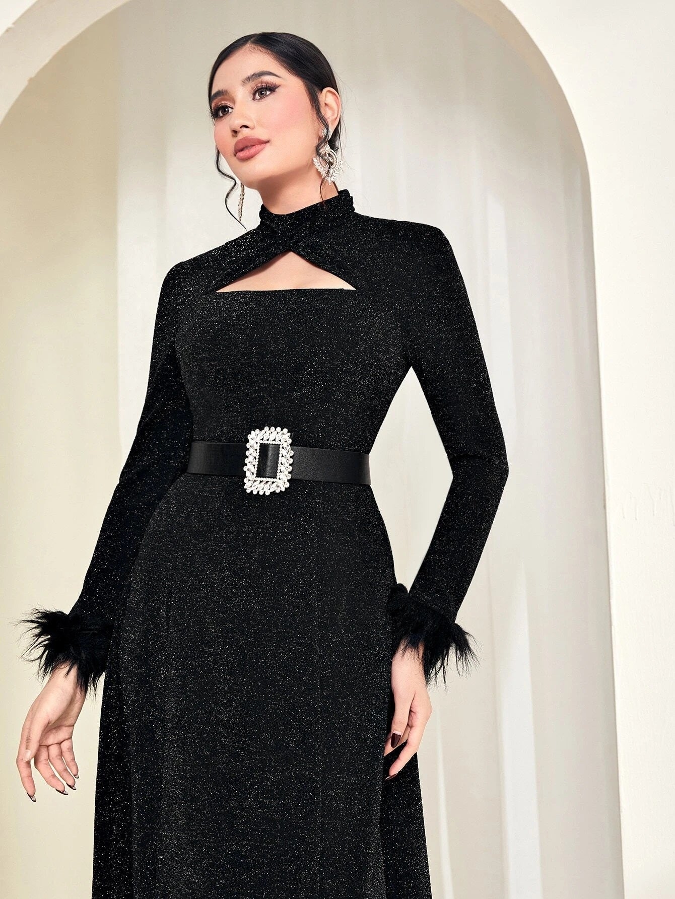 CM-DS825140 Women Elegant Seoul Style Fuzzy Cuff Cut Out Front Glitter Dress - Black