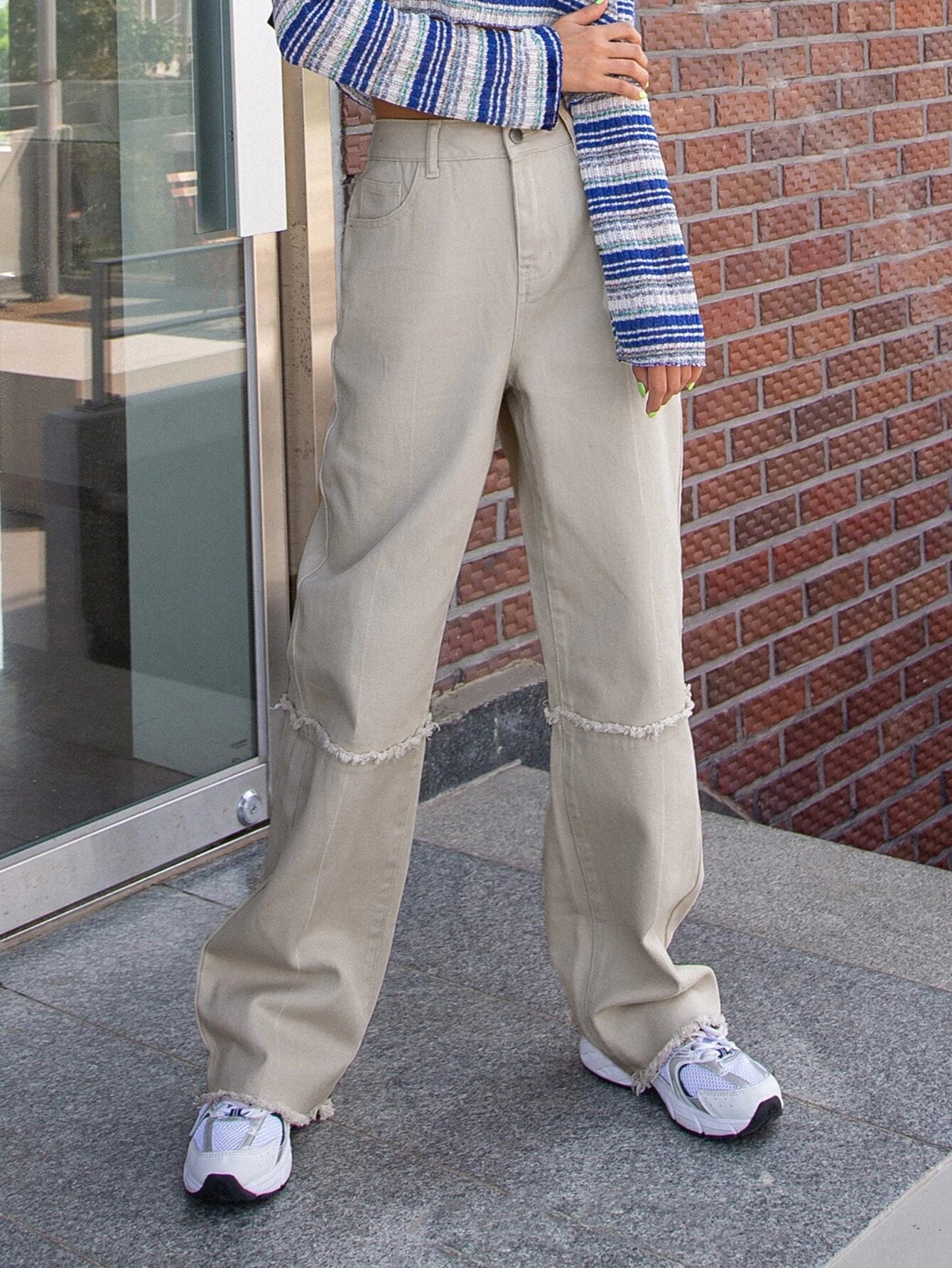 CM-BS964276 Women Casual Seoul Style High Waist Raw Trim Wide Leg Jeans - Beige