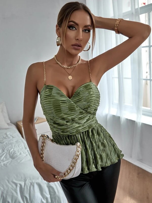 CM-TS193243 Women Elegant Seoul Style Chain Straps Ruched Ruffle Hem Cami Top