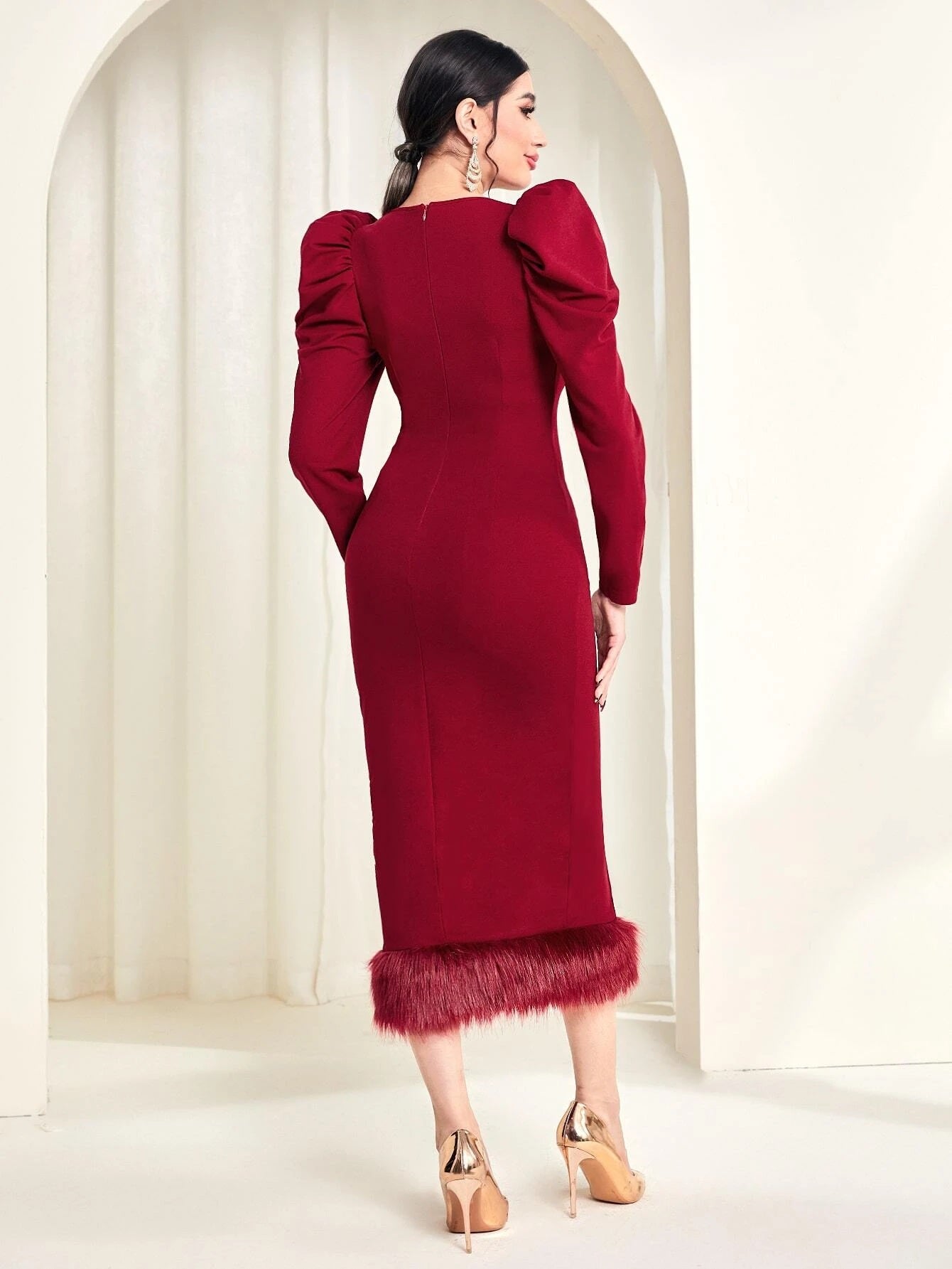 CM-DS285558 Women Elegant Seoul Style Sweetheart Neck Gigot Sleeve Split Hem Dress