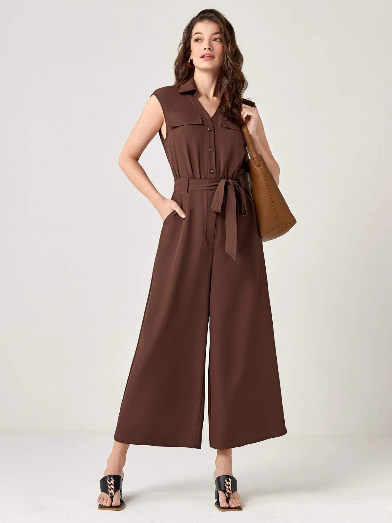 CM-JS581582 Women Casual Seoul Style Button Front Belted Wide Leg Jumpsuit - Coffee Brown