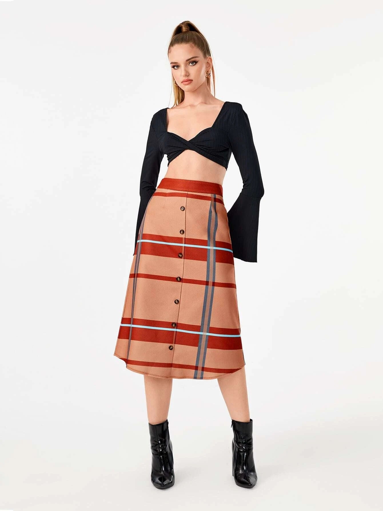 CM-BS778887 Women Casual Seoul Style High Waist Button Front Plaid Skirt