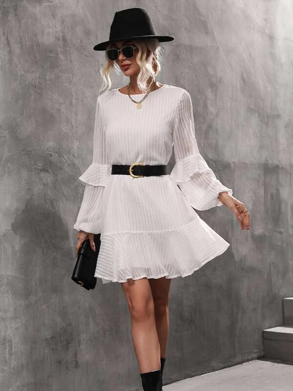 CM-DS268383 Women Casual Seoul Style Ruffle Trim Lantern Sleeve Dress - White