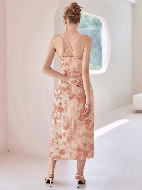 CM-DS546881 Women Casual Seoul Style Floral Print Criss Cross Back Draped Cami Dress