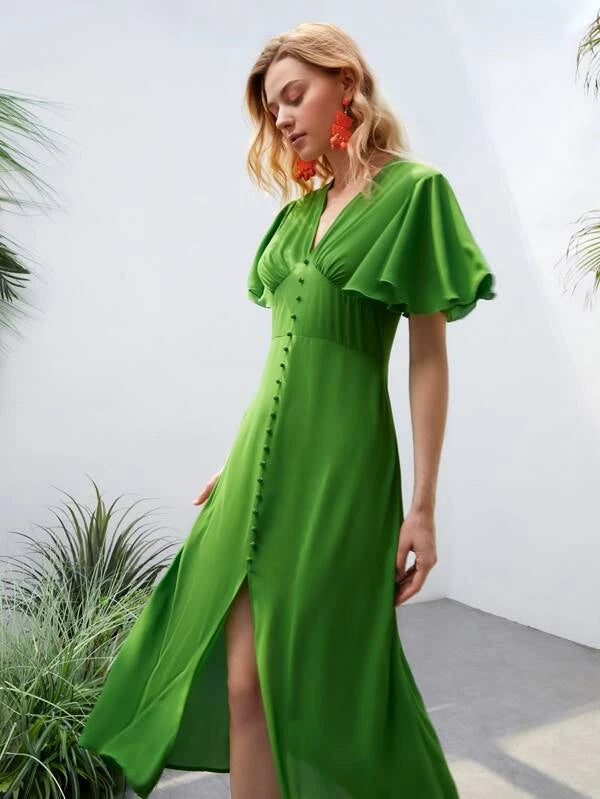 CM-DS370021 Women Trendy Bohemian Style Butterfly Sleeve Fake Button Split Hem Dress - Green