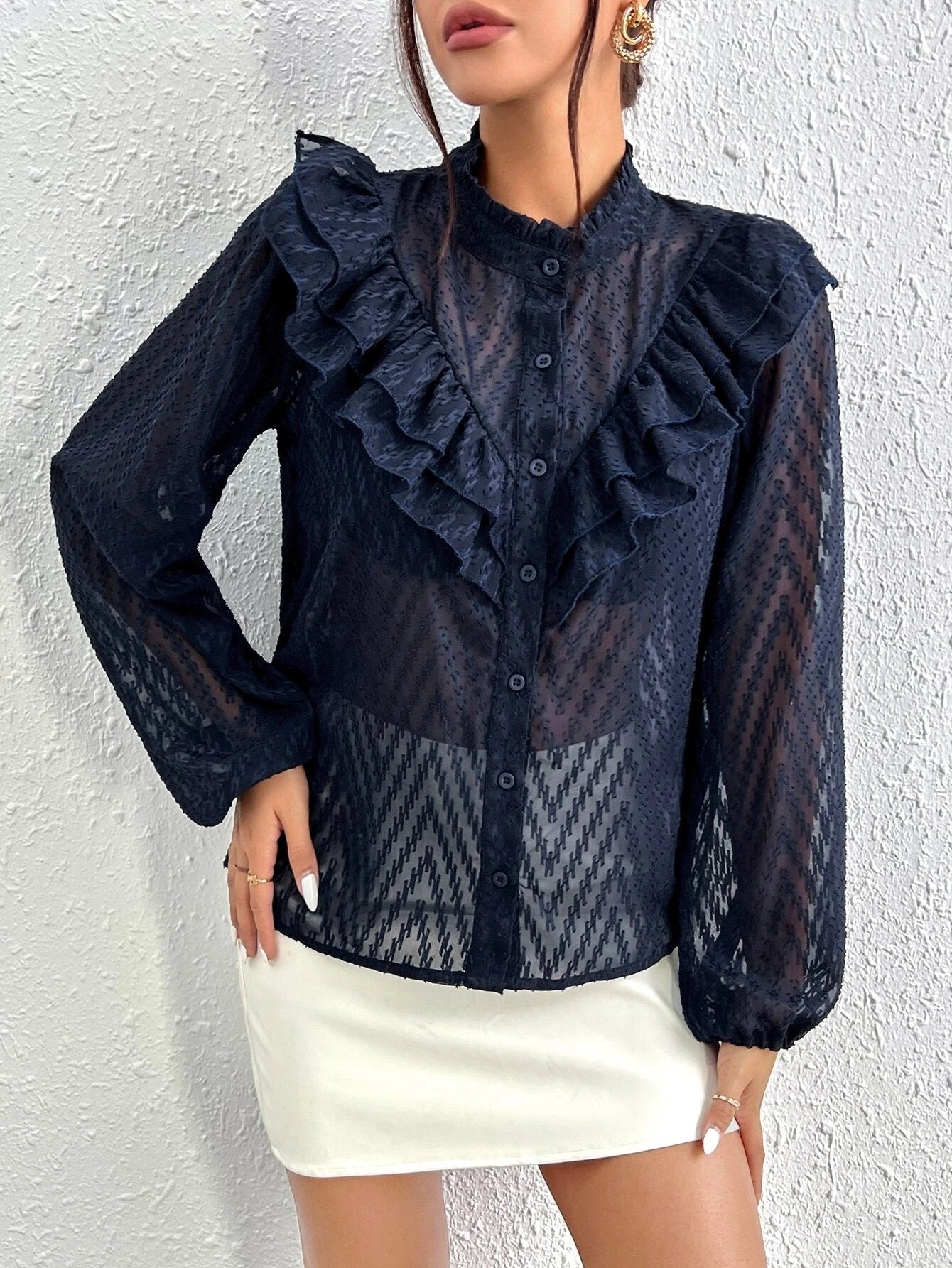 CM-TS198231 Women Elegant Seoul Style Ruffle Trim Lantern Sleeve Blouse - Navy Blue