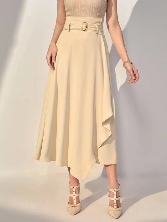 CM-BS308663 Women Elegant Seoul Style High Waist Asymmetrical Hem Buckled Belted Skirt