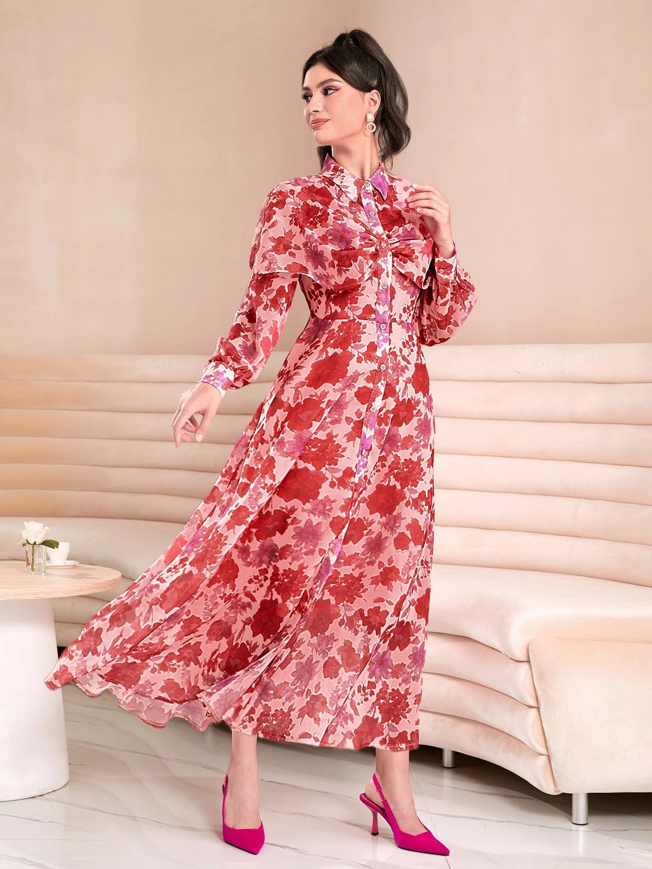 CM-DS851011 Women Elegant Seoul Style Allover Floral Print Tie Neck Bishop Sleeve Dress