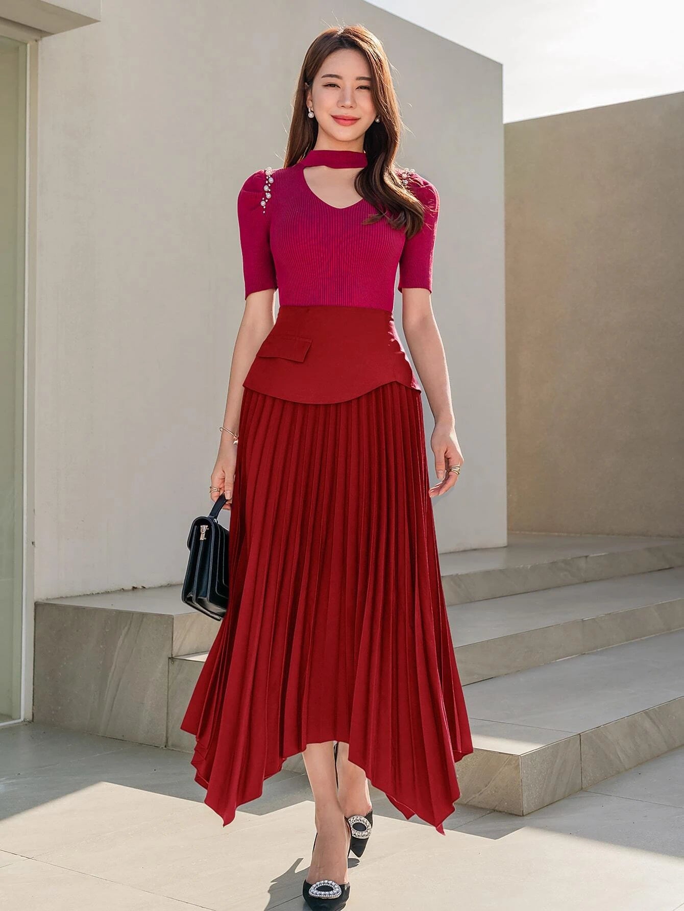 CM-BS434221 Women Elegant Seoul Style Wide Band Waist Hanky Hem Pleated Skirt