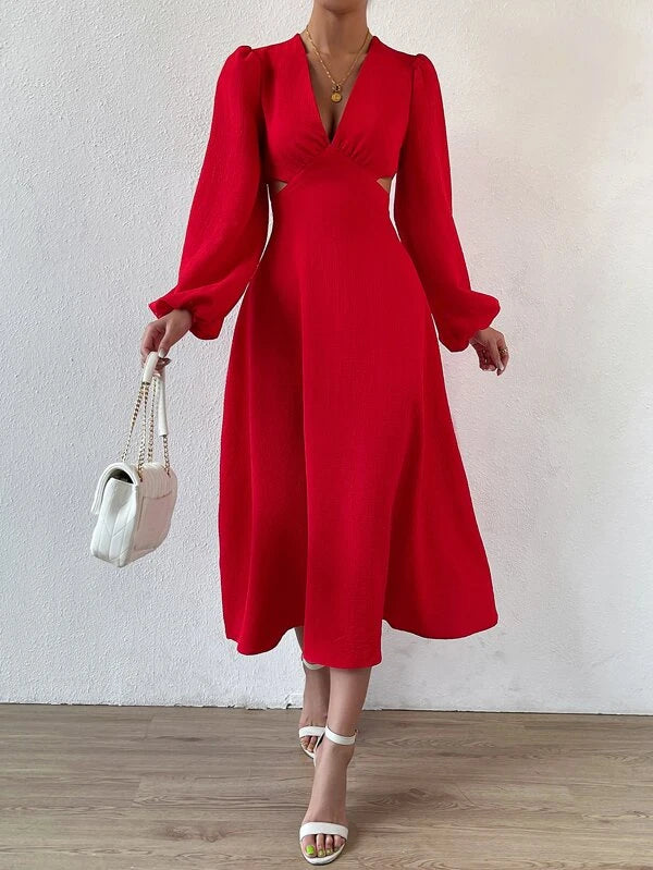 CM-DS303110 Women Elegant Seoul Style Plunging Neck Cut Out Waist Bishop Sleeve Dress