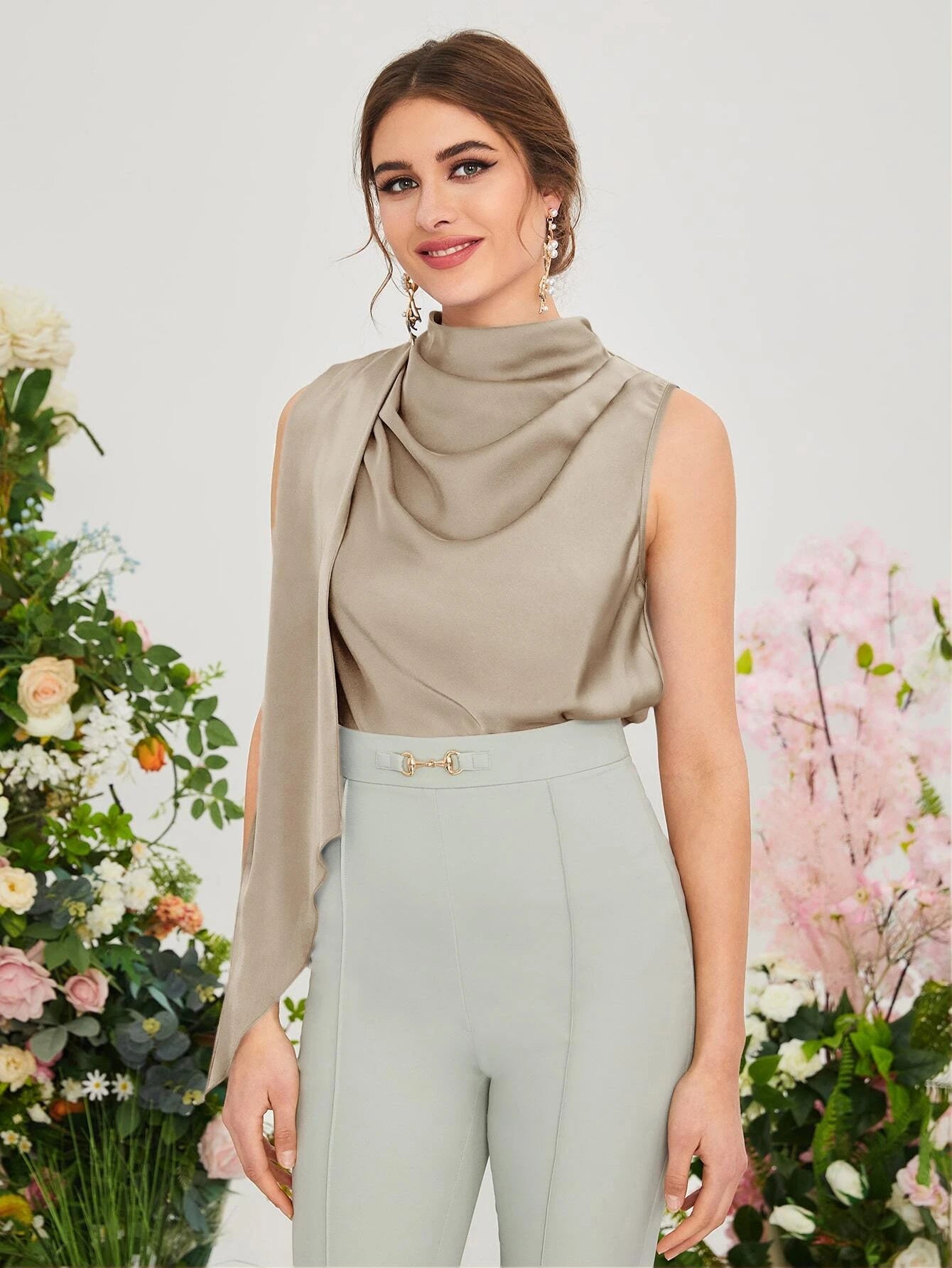 CM-TS111161 Women Casual Seoul Style Sleeveless Draped Keyhole Back Blouse - Khaki