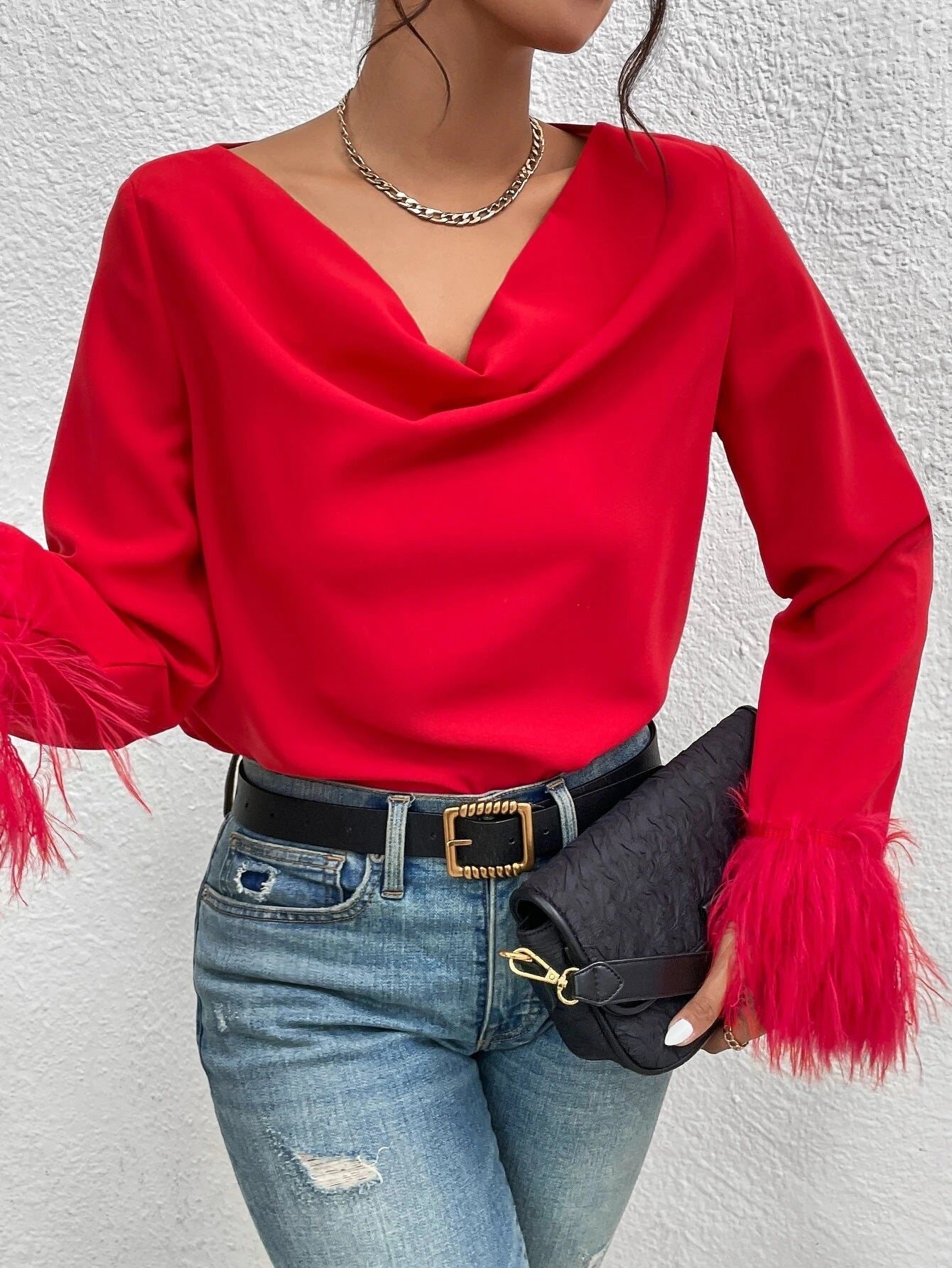 CM-TS875687 Women Elegant Seoul Style Draped Collar Fuzzy Cuff Blouse - Red