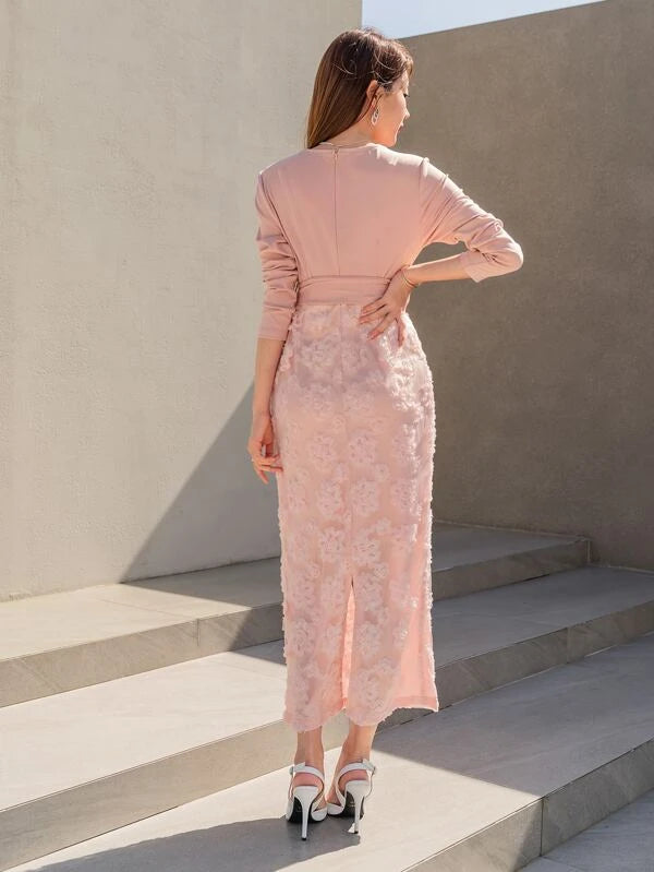 CM-DS788218 Women Elegant Seoul Style Floral Jacquard Split Back Belted Dress - Pink