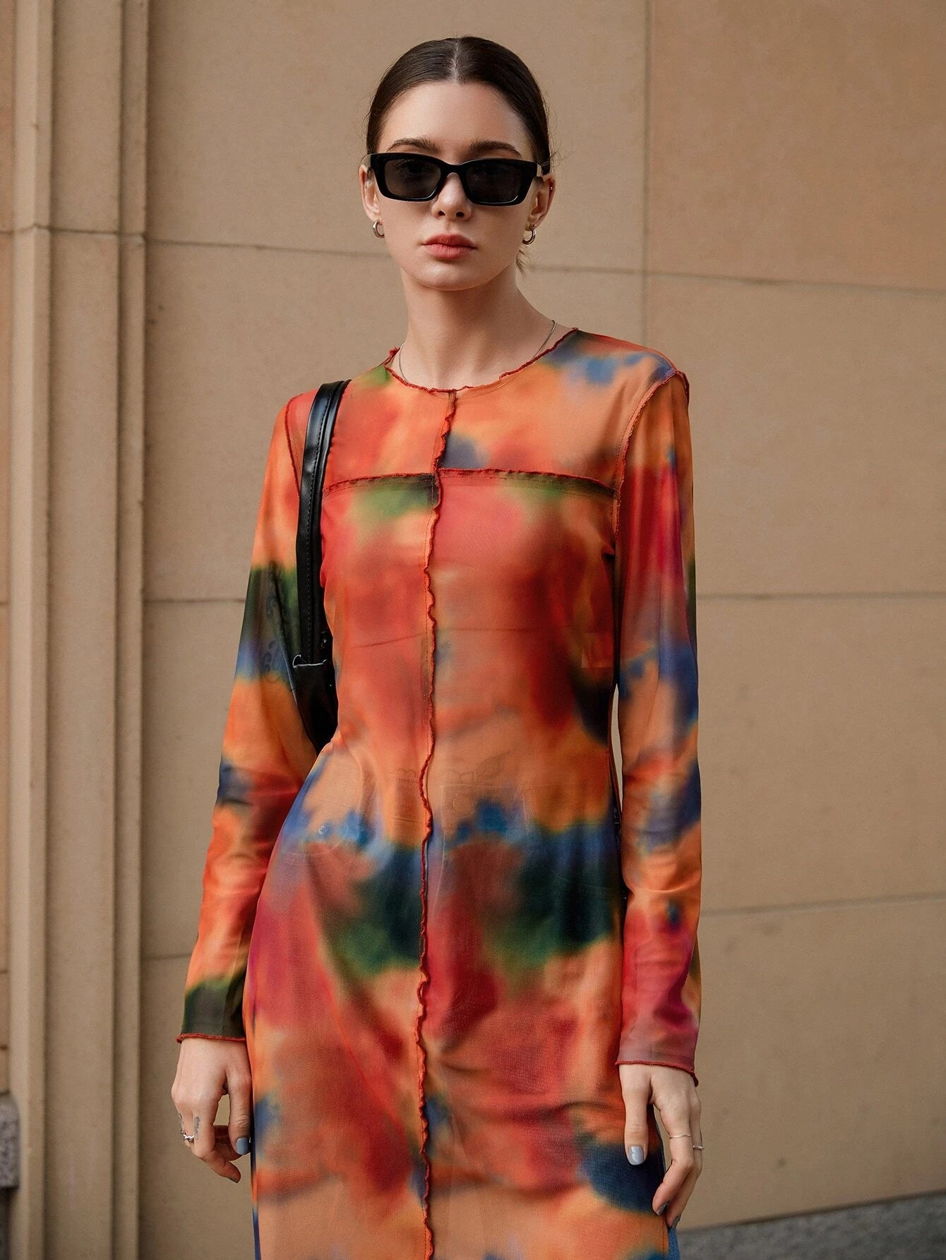 CM-TS133331 Women Casual Seoul Style Round Neck Tie Dye Split Thigh Longline Top