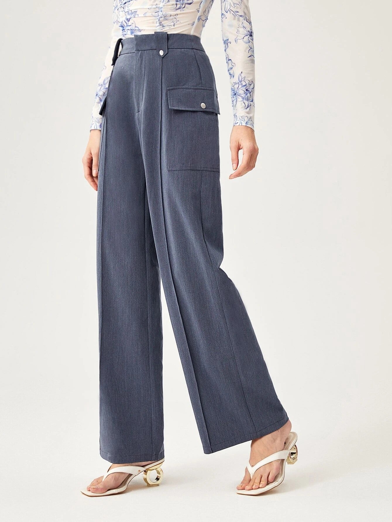 CM-BS088841 Women Elegant Seoul Style High Waist Flap Pocket Wide Leg Pants - Dusty Blue