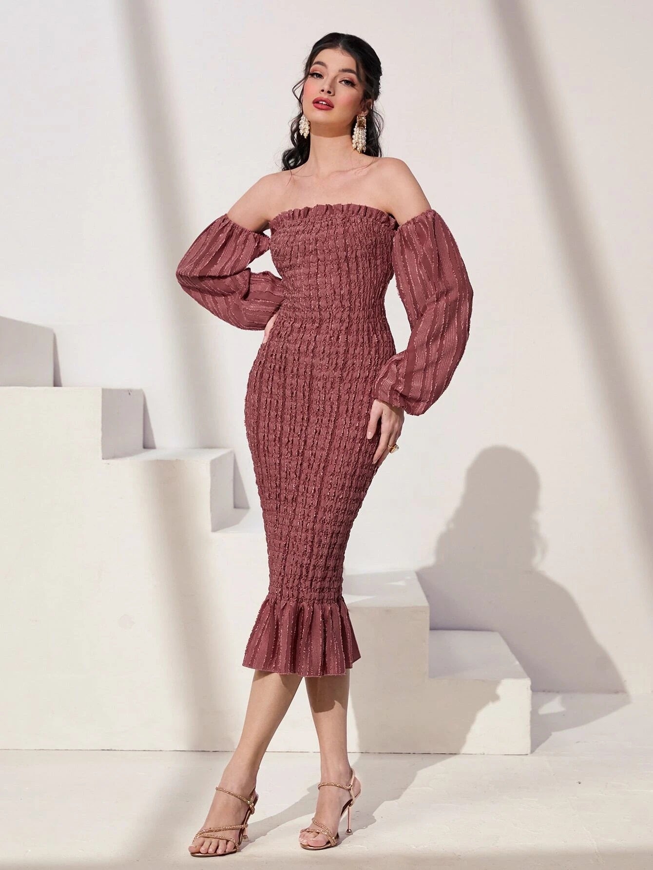 CM-DS283232 Women Elegant Seoul Style Off Shoulder Lantern Sleeve Mermaid Hem Bodycon Dress