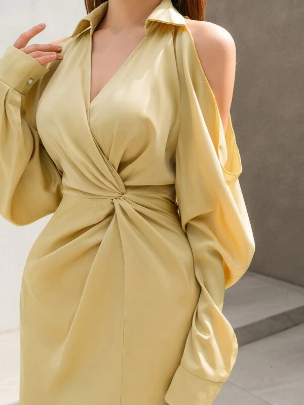 CM-DS954544 Women Elegant Seoul Style Cold Shoulder Twist Front Split Thigh Dress