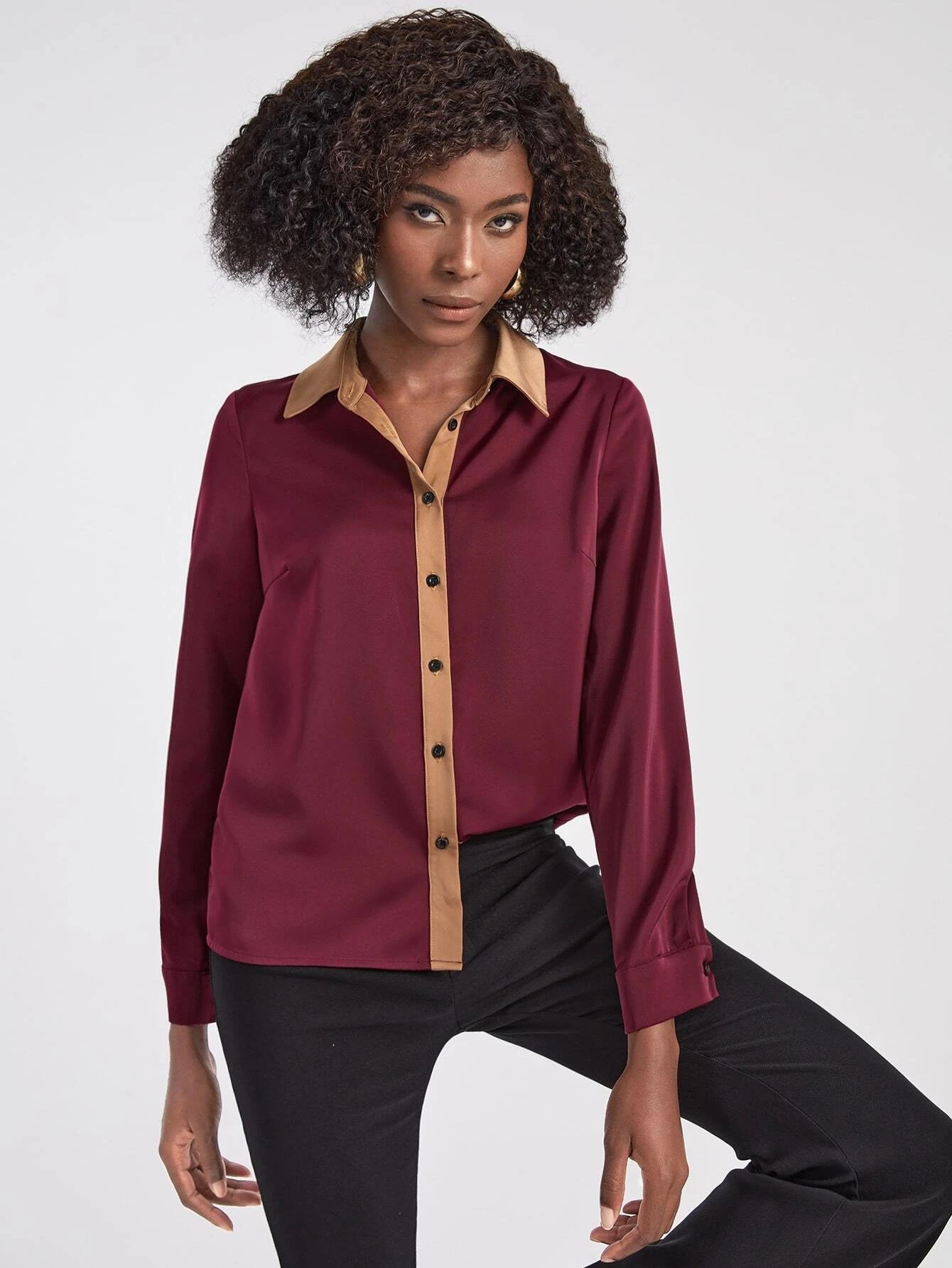 CM-TS460111 Women Elegant Seoul Style Contrast Trim Button Back Shirt - Burgundy