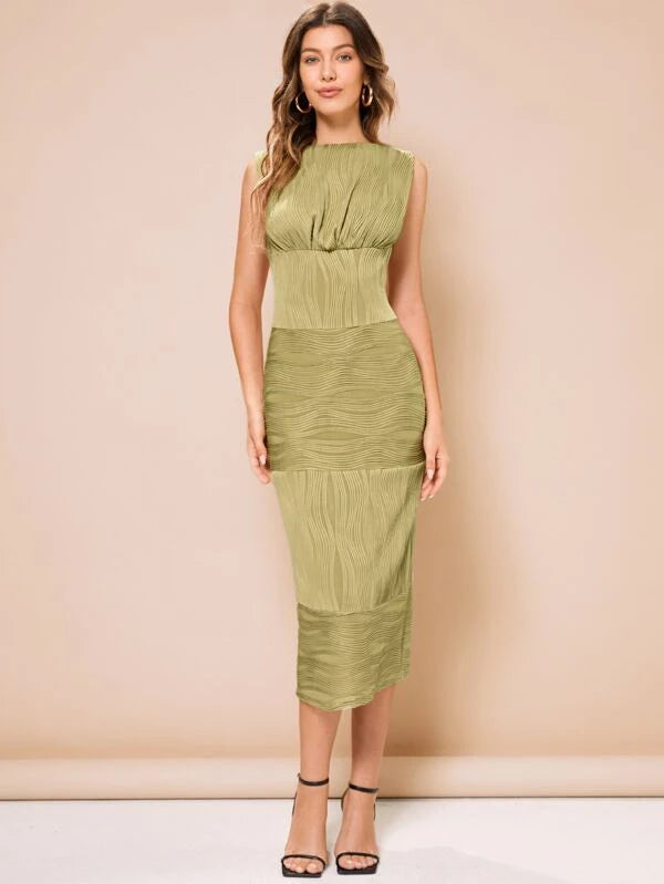 CM-DS150855 Women Elegant Seoul Style Sleeveless Textured Ruched Fitted Dress