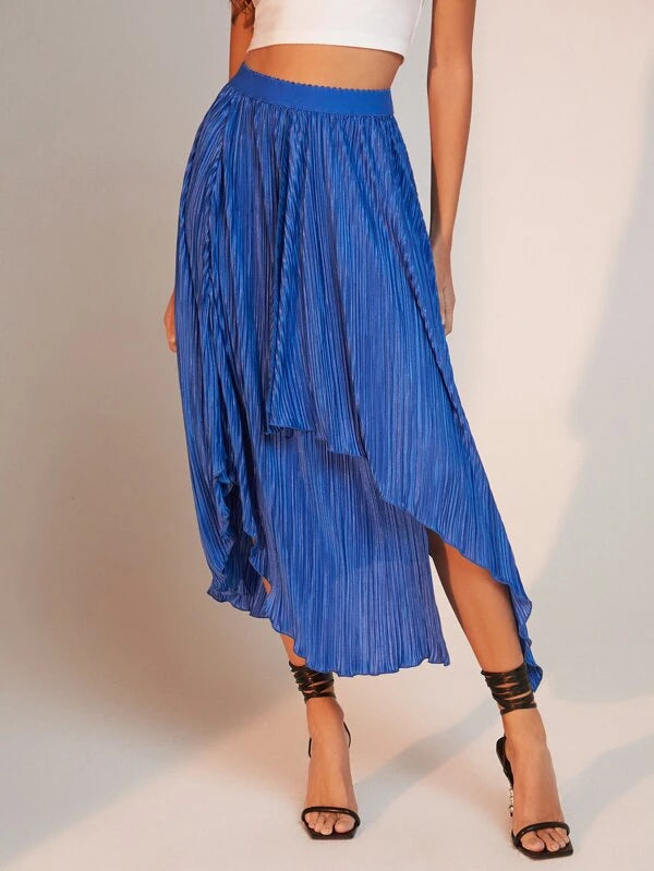 CM-BS133918 Women Elegant Seoul Style Asymmetrical Hem Solid Skirt - Royal Blue