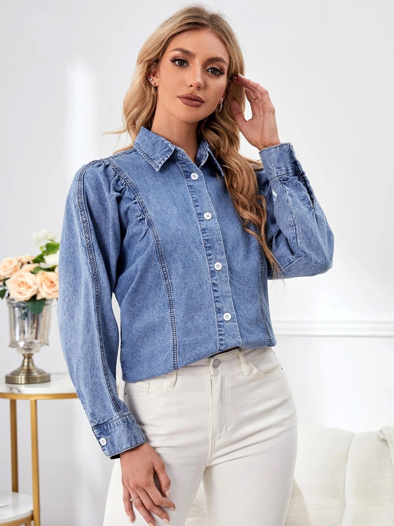 CM-TS686972 Women Casual Seoul Style Medium Wash Puff Sleeve Button Front Denim Shirt