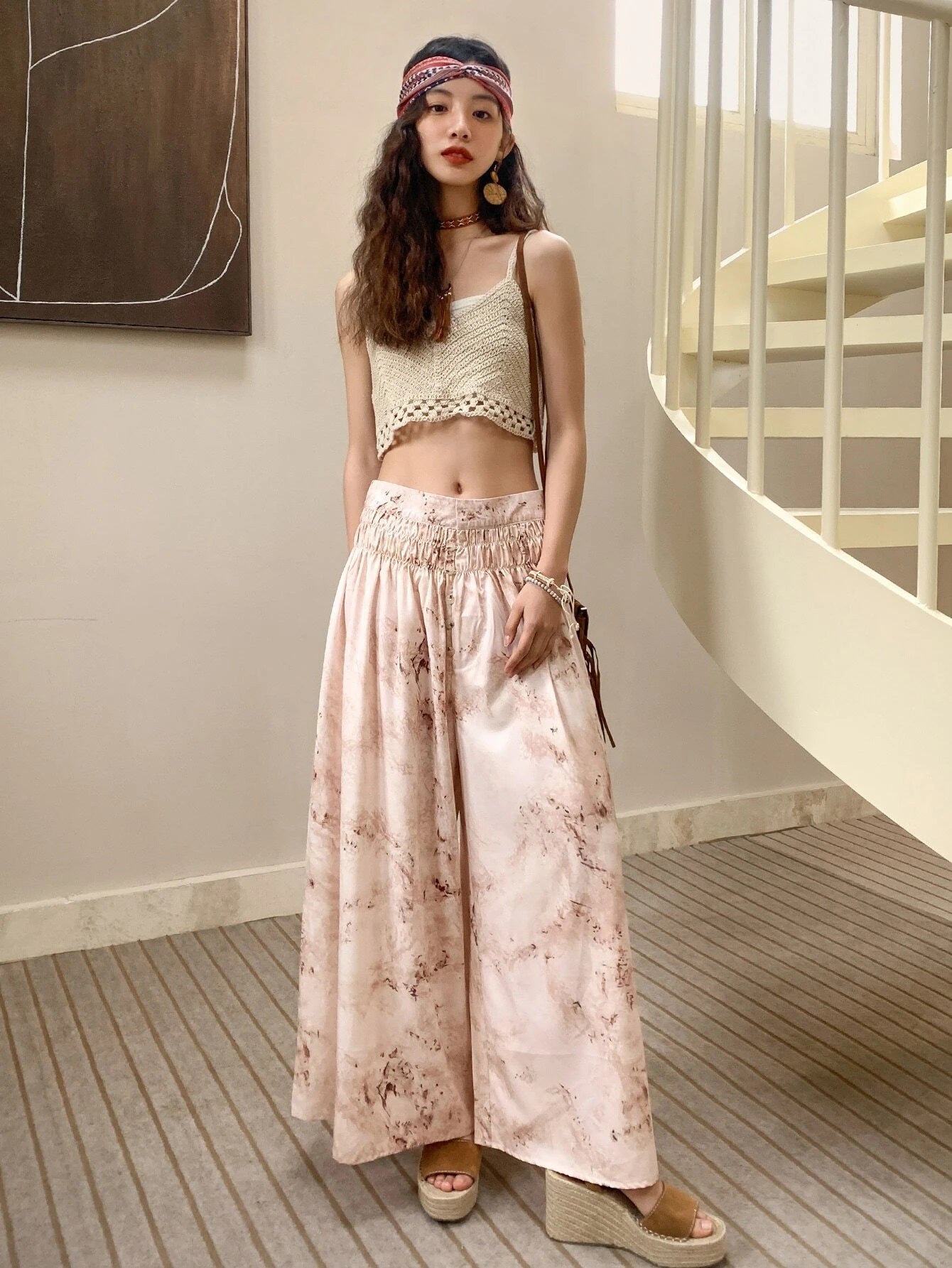 CM-BS827796 Women Trendy Seoul Style Marble Print Shirred Waist Wide Leg Pants