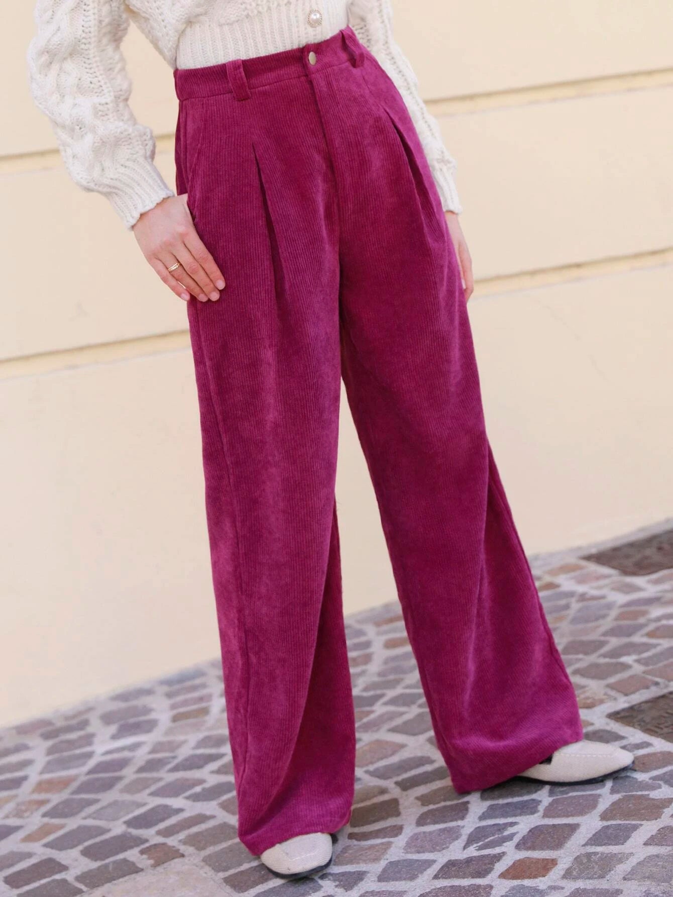 CM-BS034643 Women Casual Seoul Style High Waist Fold Pleated Corduroy Pants