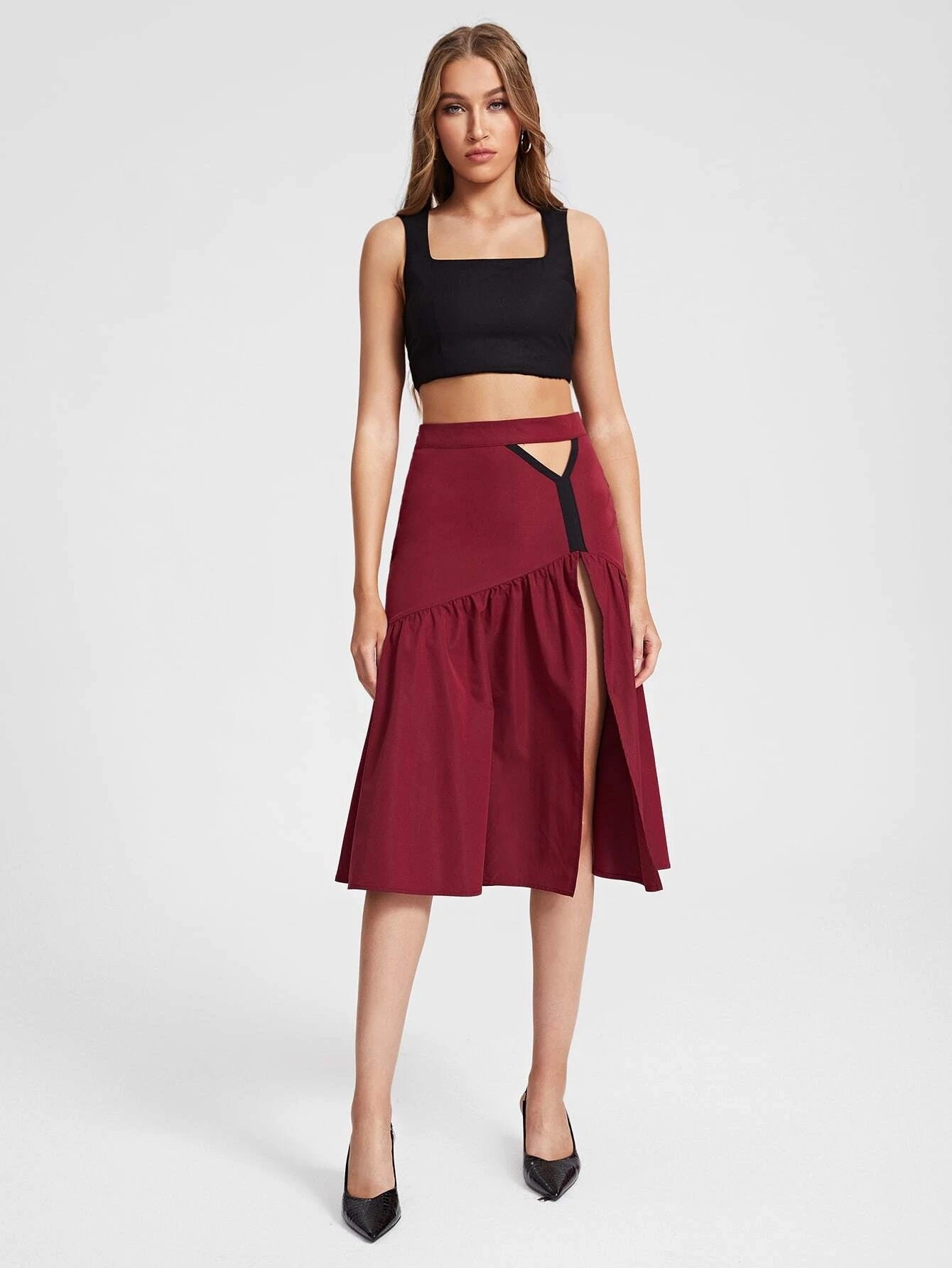 CM-BS449144 Women Casual Seoul Style Cut Out Ruffle Hem Split Thigh Skirt - Burgundy