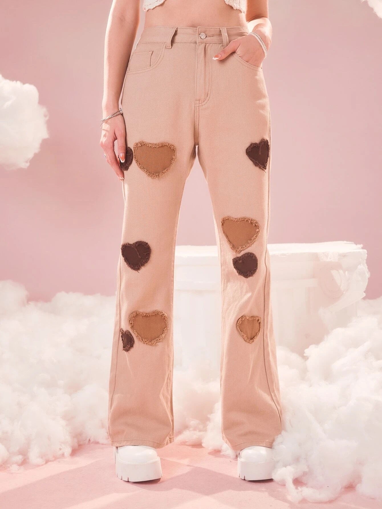 CM-BS173513 Women Preppy Seoul Style Heart Pattern Flare Leg Jeans - Apricot