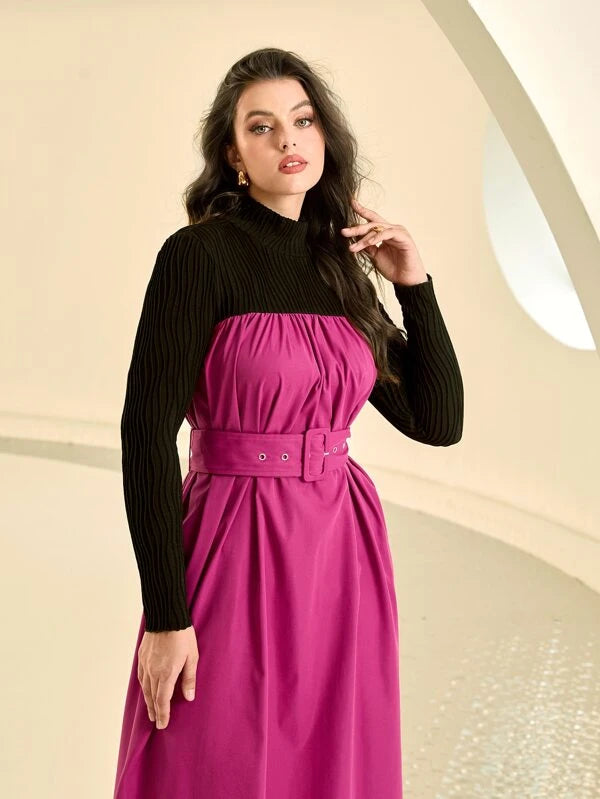 CM-DS301477 Women Casual Seoul Style Color Block High Low Hem Belted Dress
