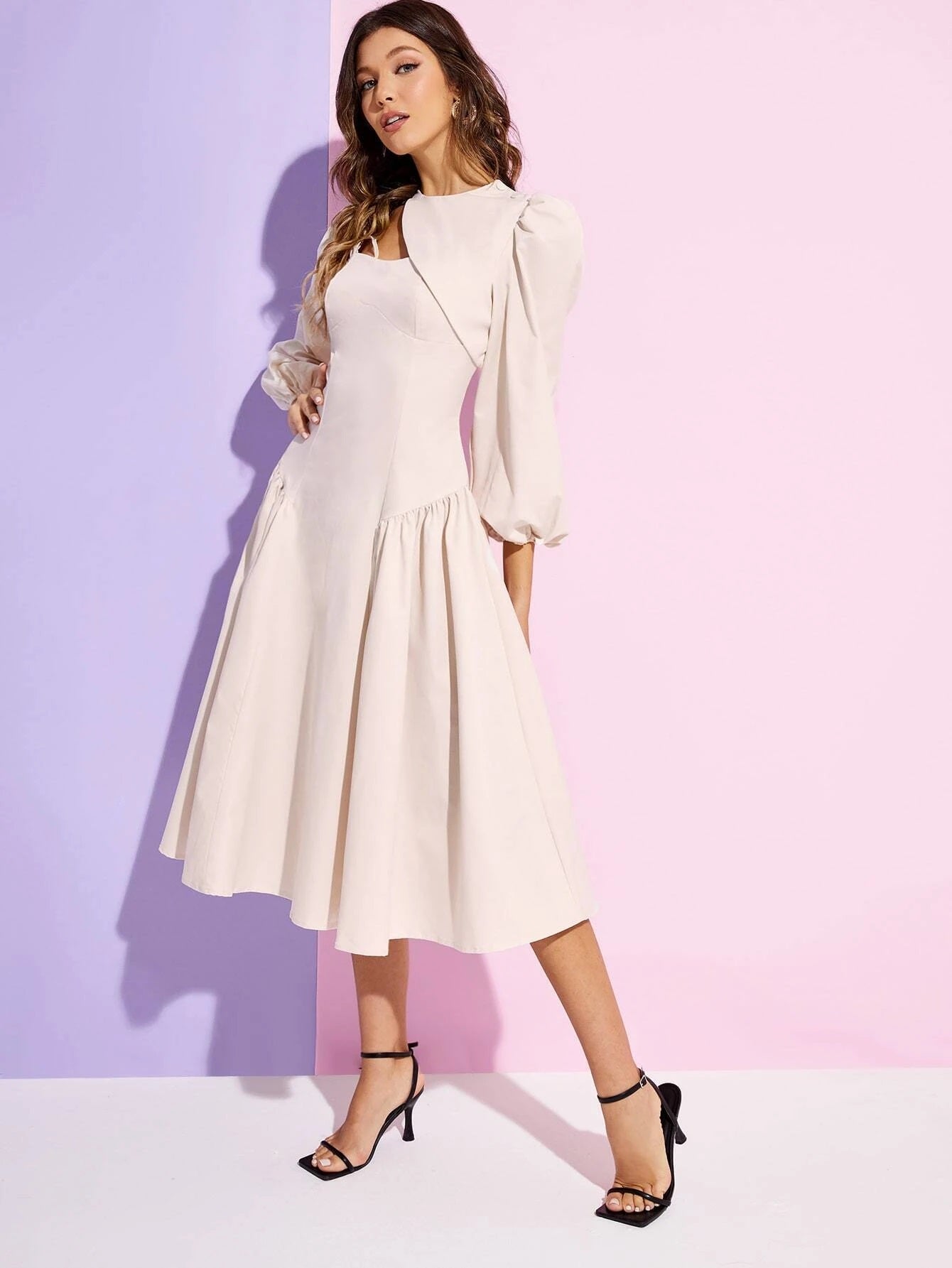 CM-DS214721 Women Casual Seoul Style Asymmetrical Neck Bishop Sleeve Flared Hem Dress