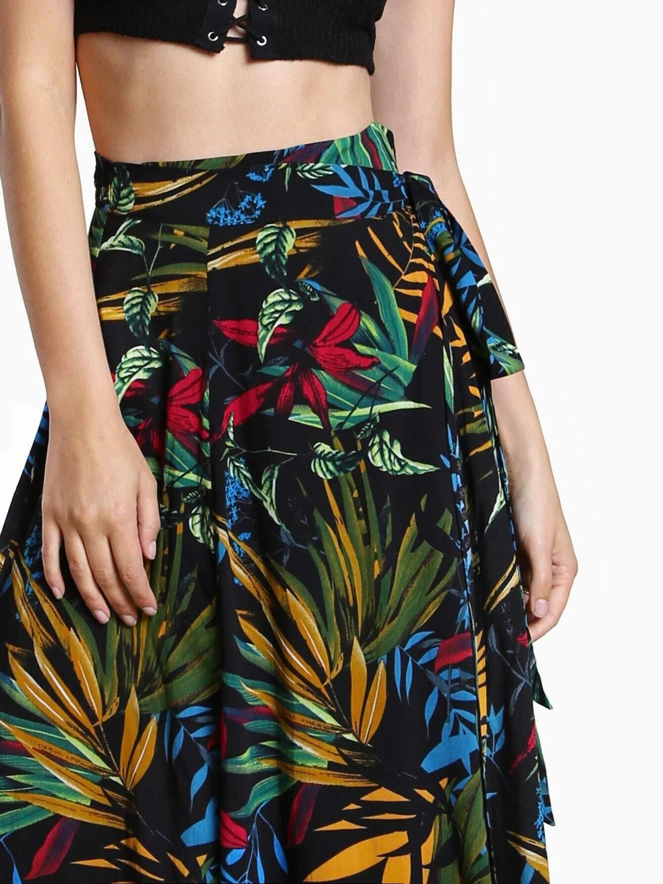 CM-BS515701 Women Trendy Bohemian Style Tropical Print Self Tie Wrap Skirt