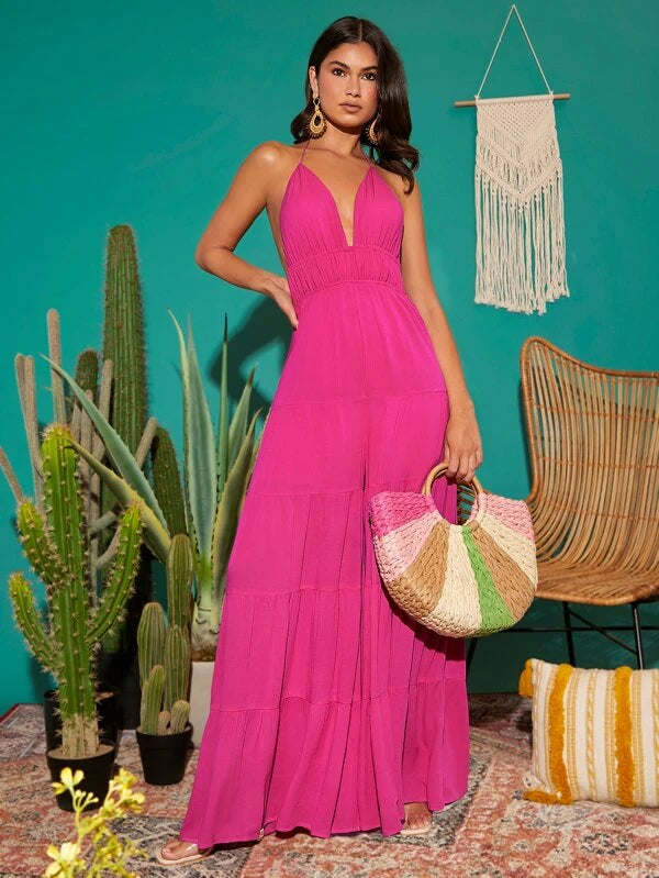 CM-JS216444 Women Trendy Bohemian Style Tassel Tie Backless Ruffle Hem Halter Jumpsuit