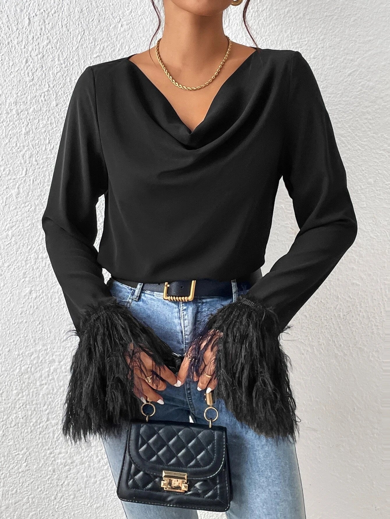 CM-TS420671 Women Elegant Seoul Style Draped Collar Fuzzy Cuff Blouse - Black