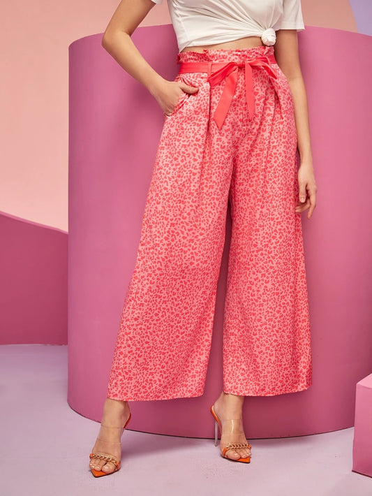CM-BS969122 Women Trendy Bohemian Style Allover Print Belted Wide Leg Pants