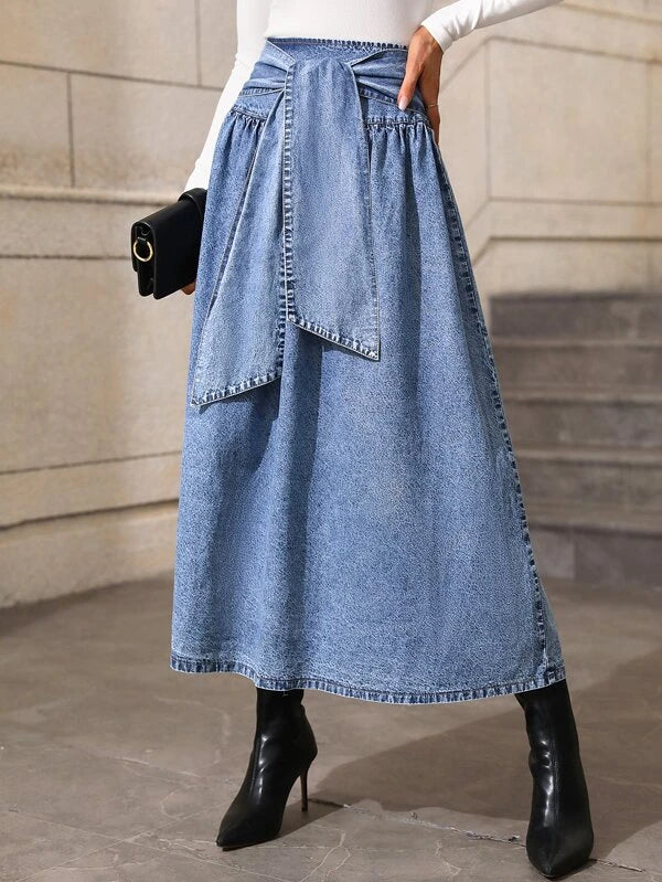 CM-BS742972 Women Casual Seoul Style Light Wash High Waist Tie Front Denim Skirt