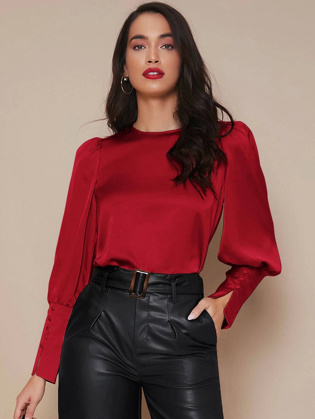 CM-TS811878 Women Elegant Seoul Style Buttoned Cuff Lantern Sleeve Satin Top - Red