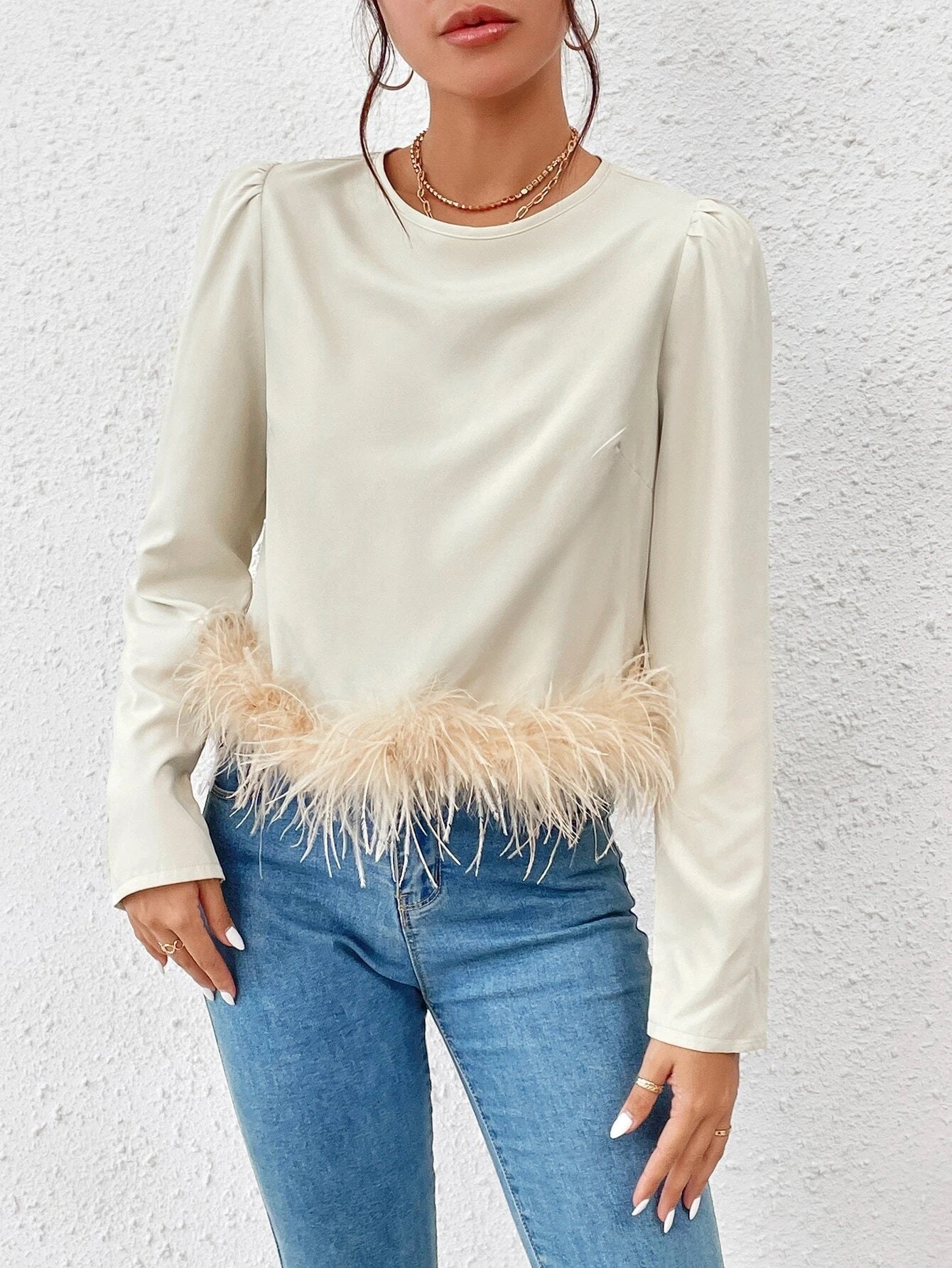 CM-TS987778 Women Elegant Seoul Style Puff Sleeve Fuzzy Trim Blouse - Beige