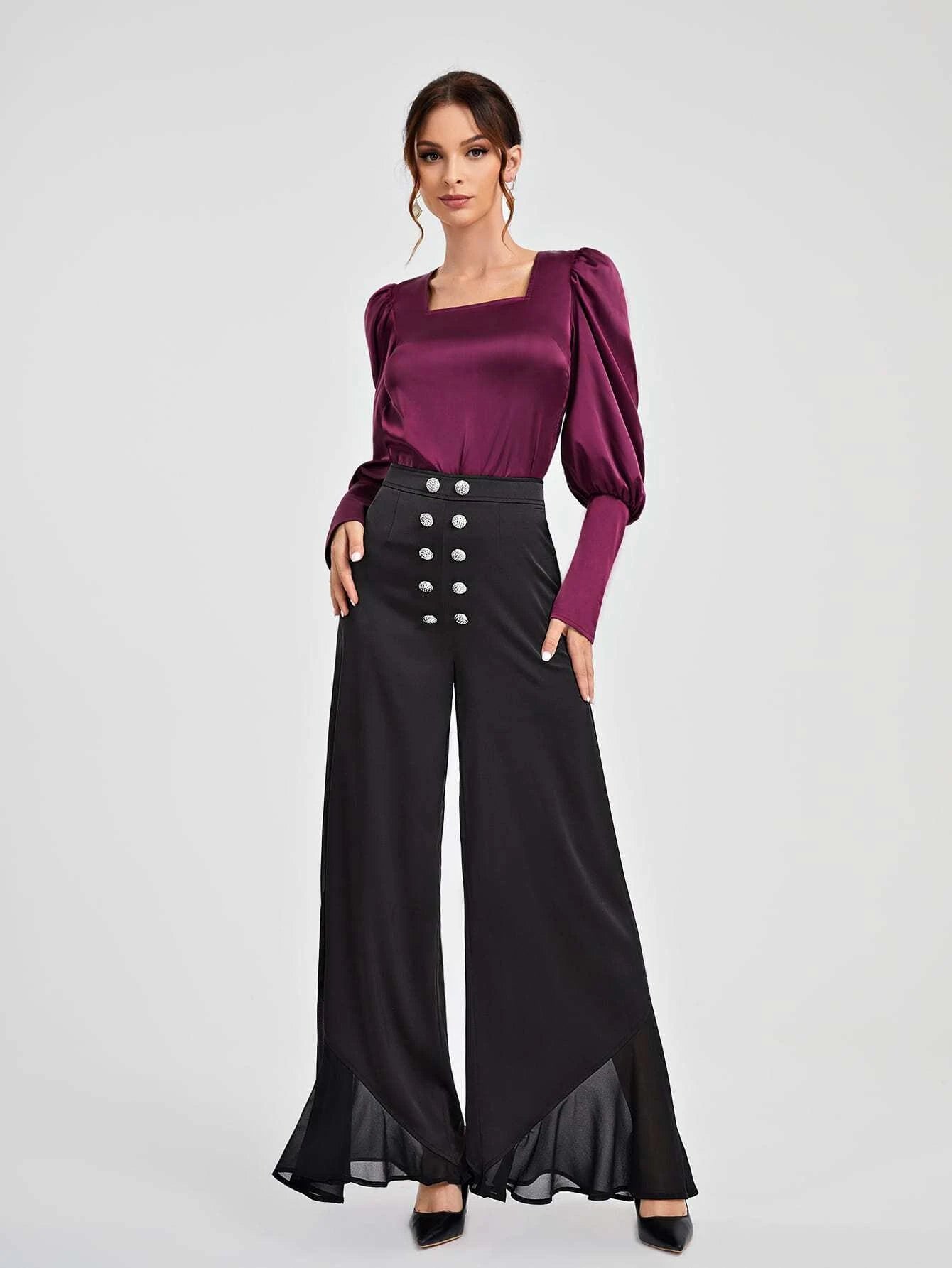 CM-BS065056 Women Elegant Seoul Style Double Button Front Wide Leg Pants - Black