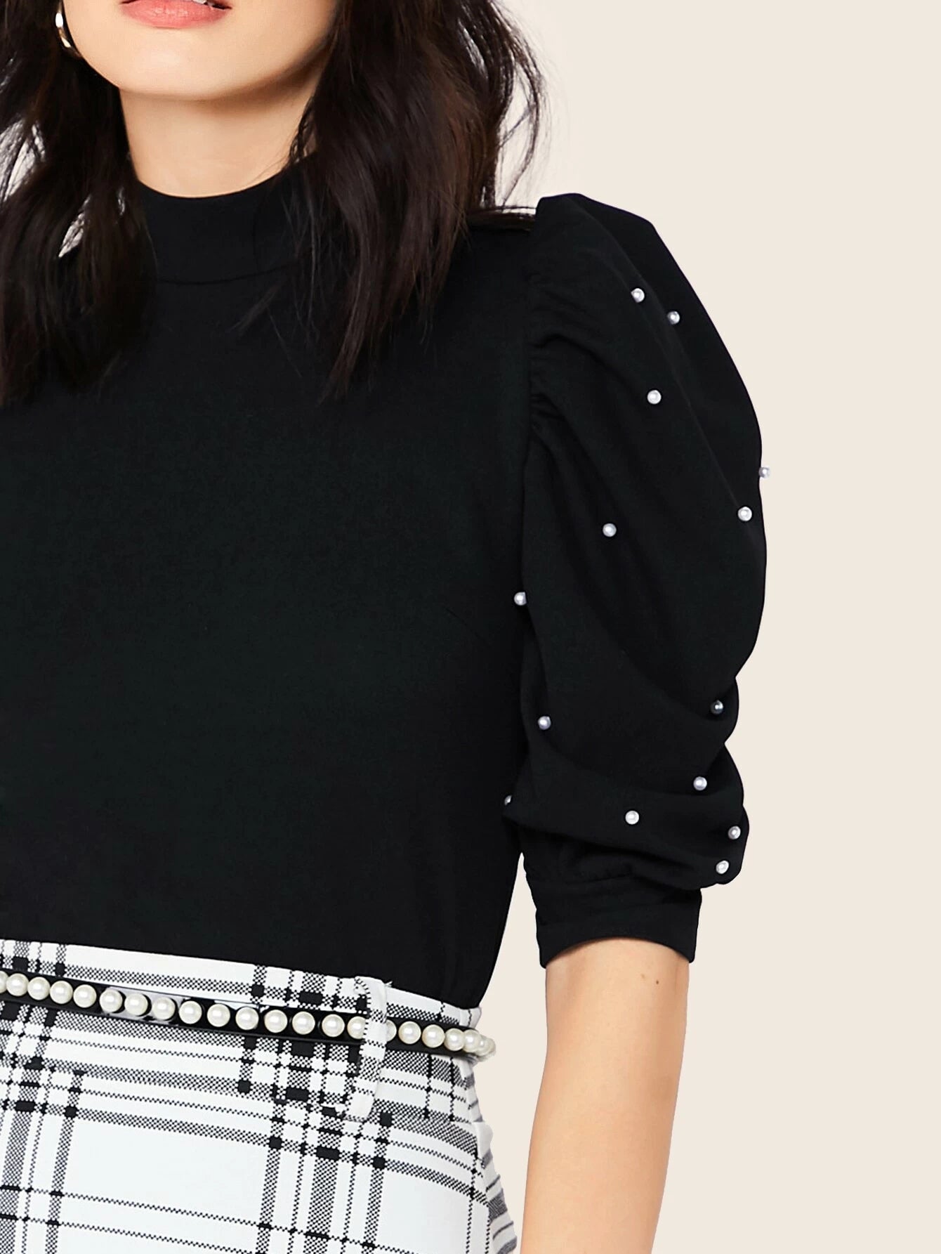 CM-TS625086 Women Casual Seoul Style Keyhole Back Pearls Beaded Puff Sleeve Top