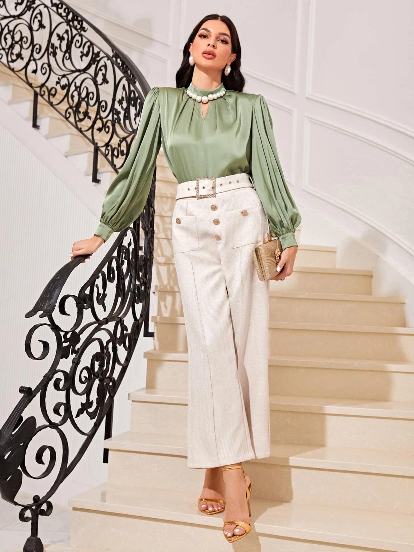 CM-BS811341 Women Elegant Seoul Style High Waist Button Front Belted Wide Leg Pants - Beige