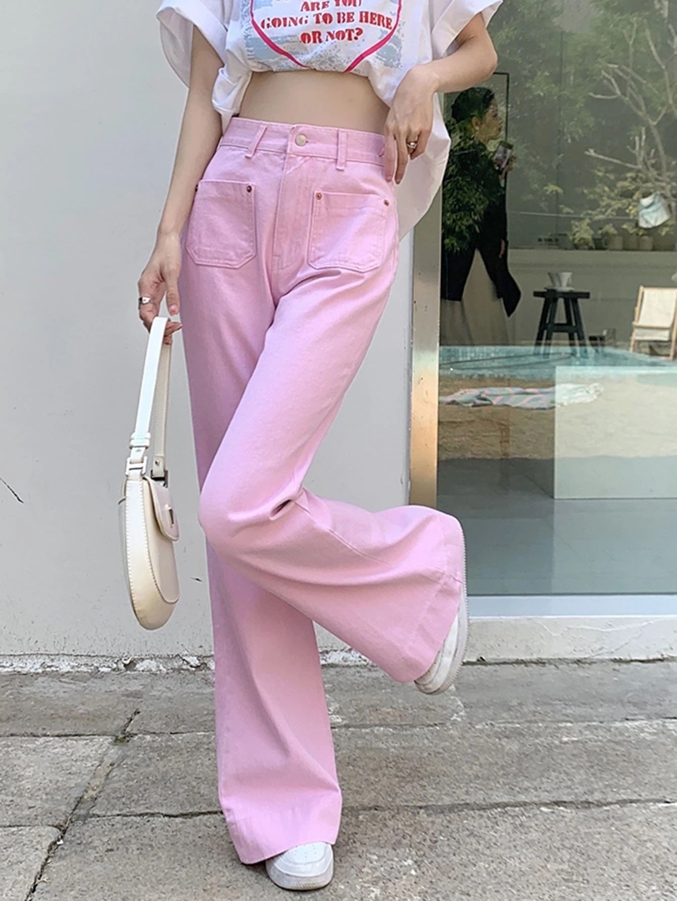 CM-BS994990 Women Preppy Seoul Style Solid Wide Leg Jeans - Baby Pink