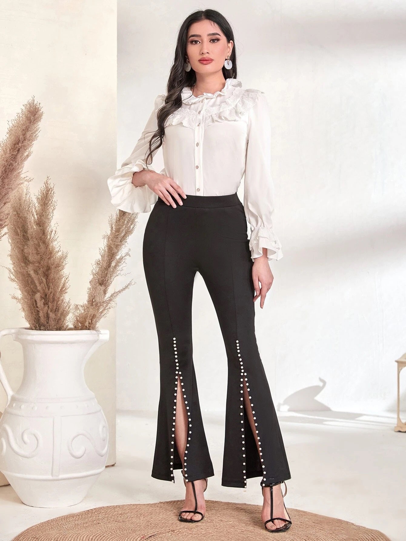 CM-BS960045 Women Elegant Seoul Style Pearls Beaded Split Hem Flare Leg Pants - Black