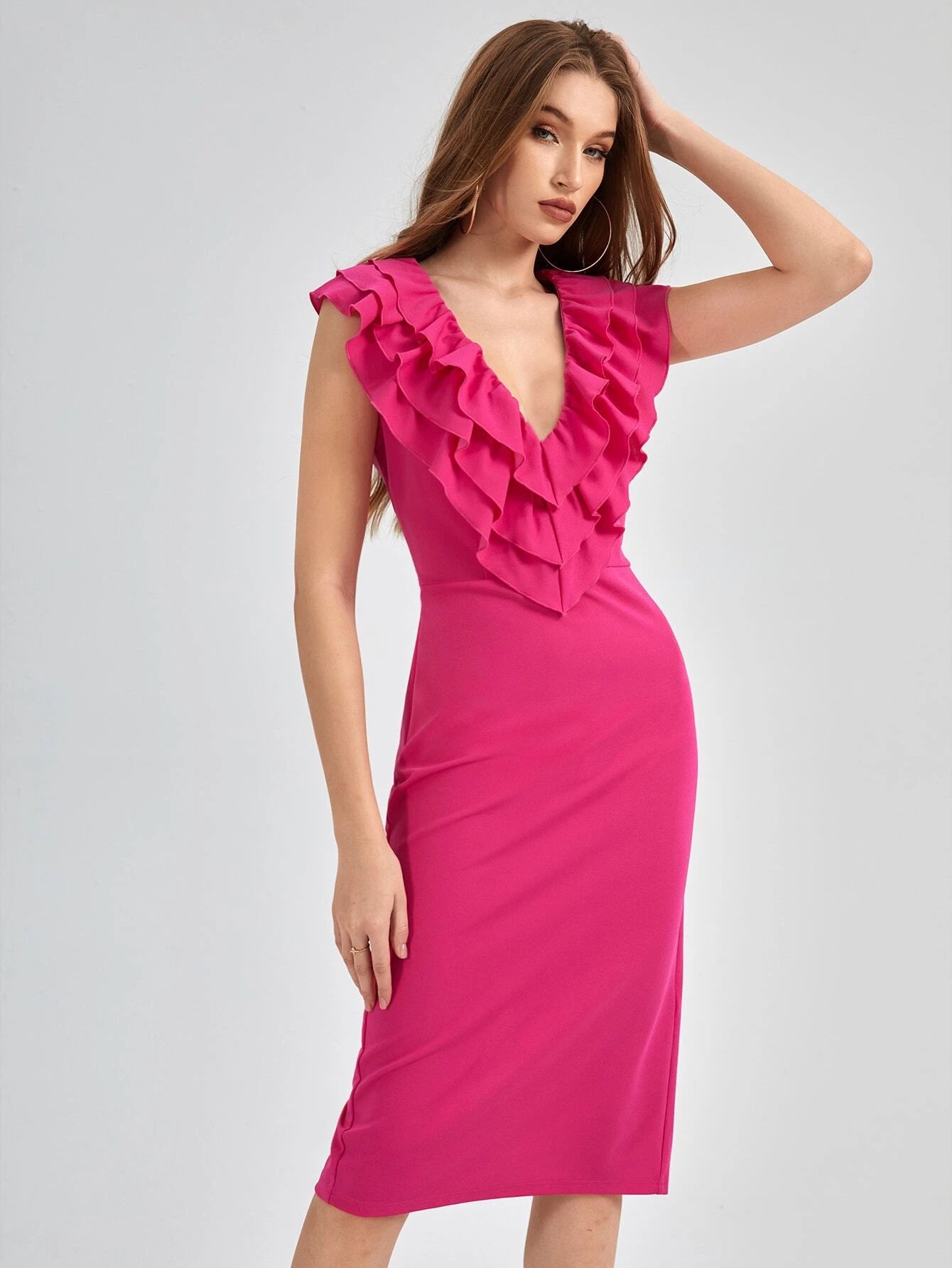 CM-DS282223 Women Elegant Seoul Style Layered Ruffle Trim Split Back Fitted Dress - Hot Pink